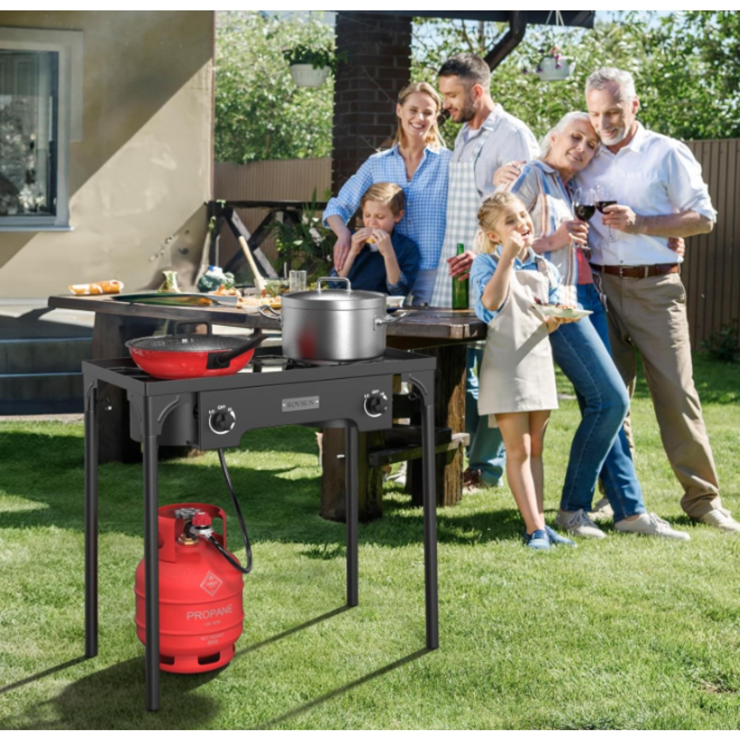 2 Burner Outdoor Propane Gas Stove 150, 000 BTU High Pressure Stand Cooker for Backyard Cooking Camping Home Brewing Canning Turkey Frying, 20 PSI Regulator