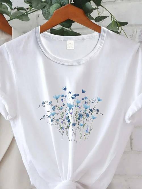 womens blue floral print round neck t shirt spring summer casual sports short sleeve top stretch fabric small flower pattern