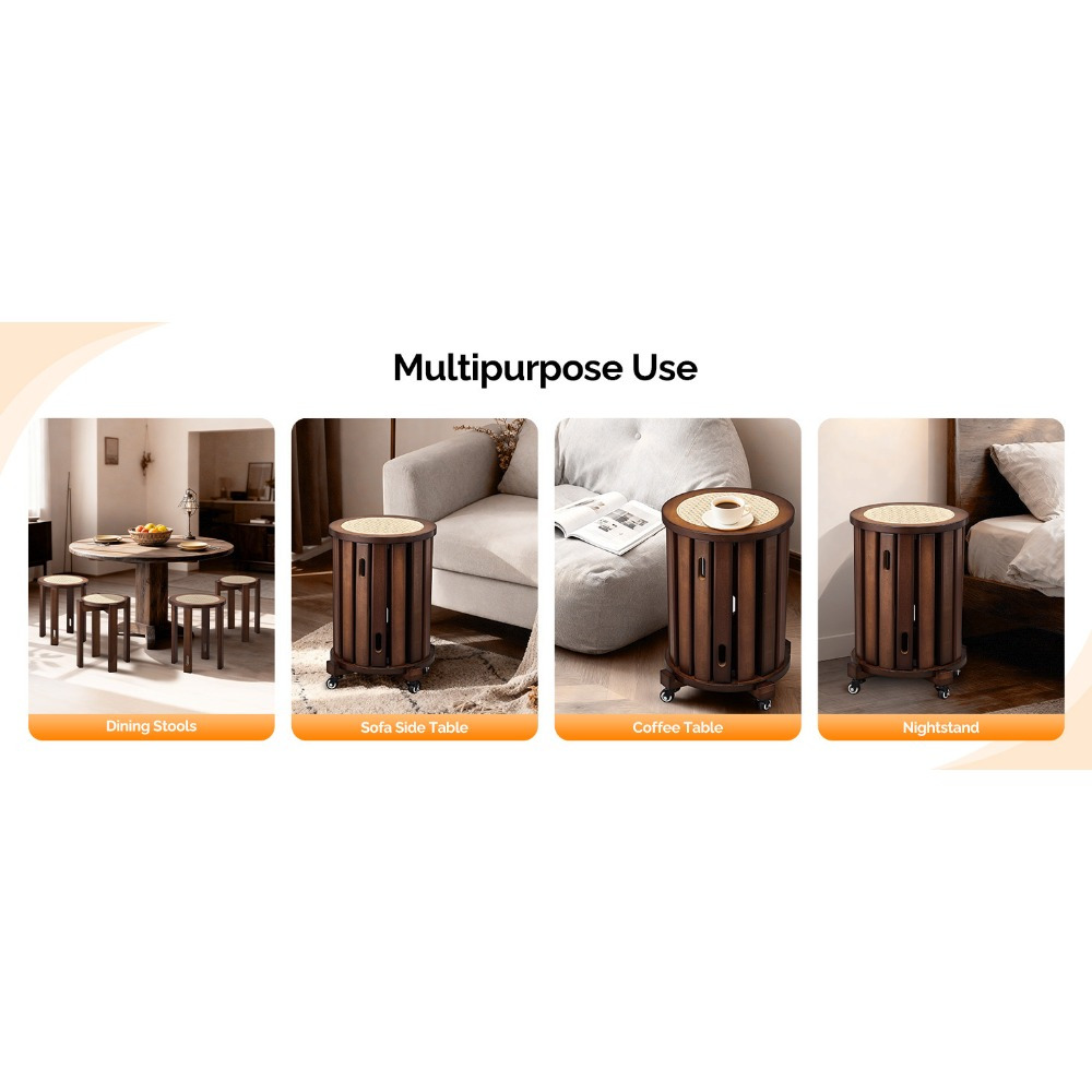 4/6 PCS Stackable Stools, Rubber Wood Stool with Rattan Woven Seat and Mobile Base, Stacking Side Stool for Dining Table, Walnut / Natural Wood