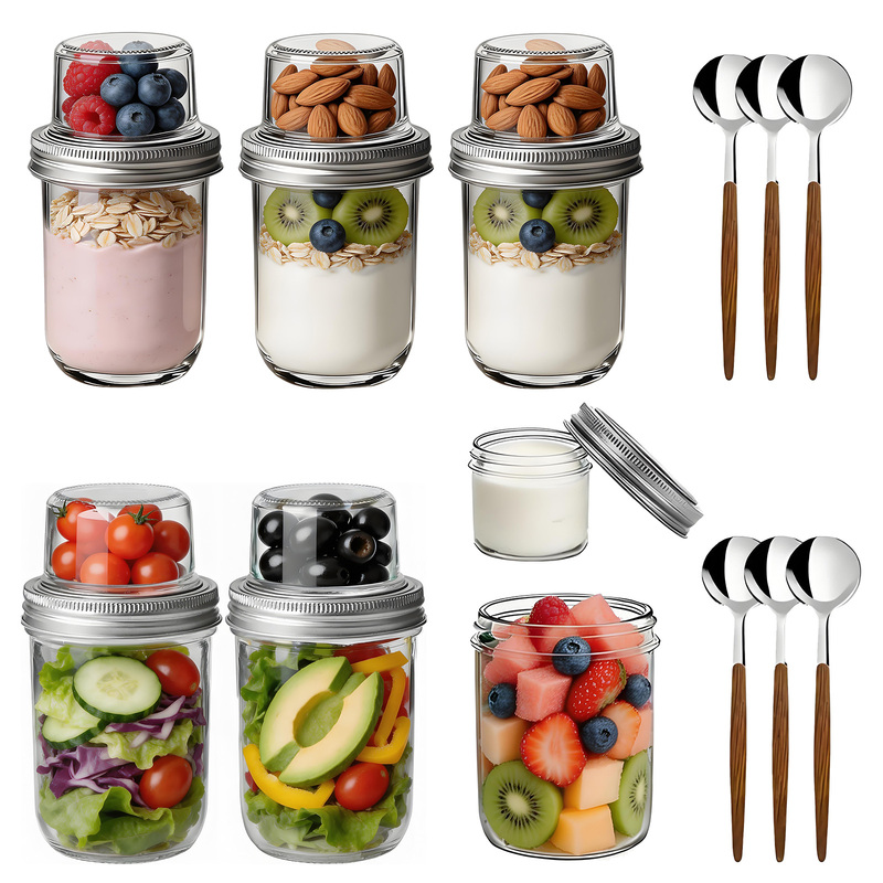 TEMU 6-pack Dual-layer Glass Jars With Lids And Spoons, 16oz + 4oz Airtight Leakproof Containers For Overnight Oats, Yogurt, Chia Pudding, And