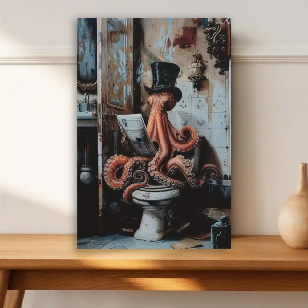 Framed 1pc Whimsical Victorian Octopus in Top Hat Sitting on Toilet, Gothic Canvas Art Print – Humorous Anthropomorphic Wall Decor for Home, Office, or Café, Octopus Bathroom Decor, 2D, Perfect for Room Decor