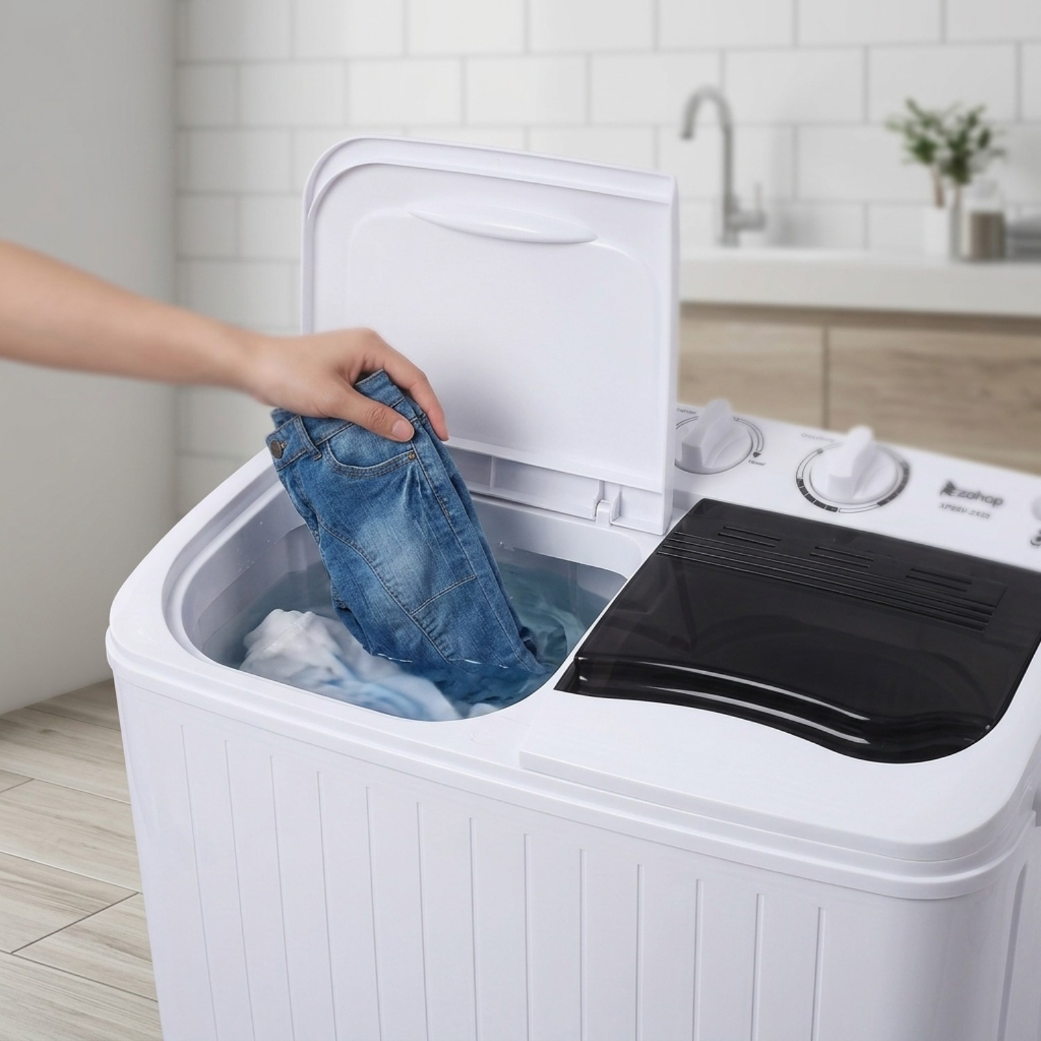 Portable Washing Machine 14.3lbs Capacity 110V Semi Automatic Dual Tub with Drain Pump Grey Lid Ripple Design Top Load Chrome Square 0 26 2 64gal US Plug Laundry Appliance Modern Durable Plastic Body