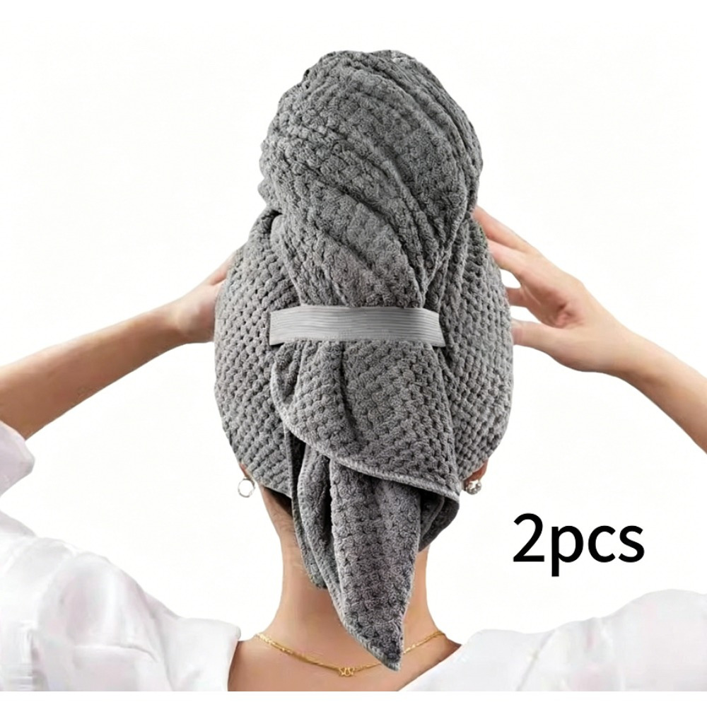 2 Pack Ultra Absorbent Microfiber Hair Towel, Elastic Band Large Wrap Turban, Coral Fleece Thickened Quick-dry Towel For Women &ndash; Soft, Lightweight, Great For Curly Or Long Hair (grey)
