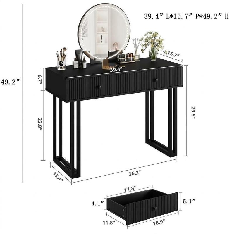 IDEALHOUSE Vanity Desk with Mirror and Lights, 49.2”H Makeup Vanity with 3 Color Lights and Adjustable Brightness, Bedroom Vanity Table with 2 Drawers, Black