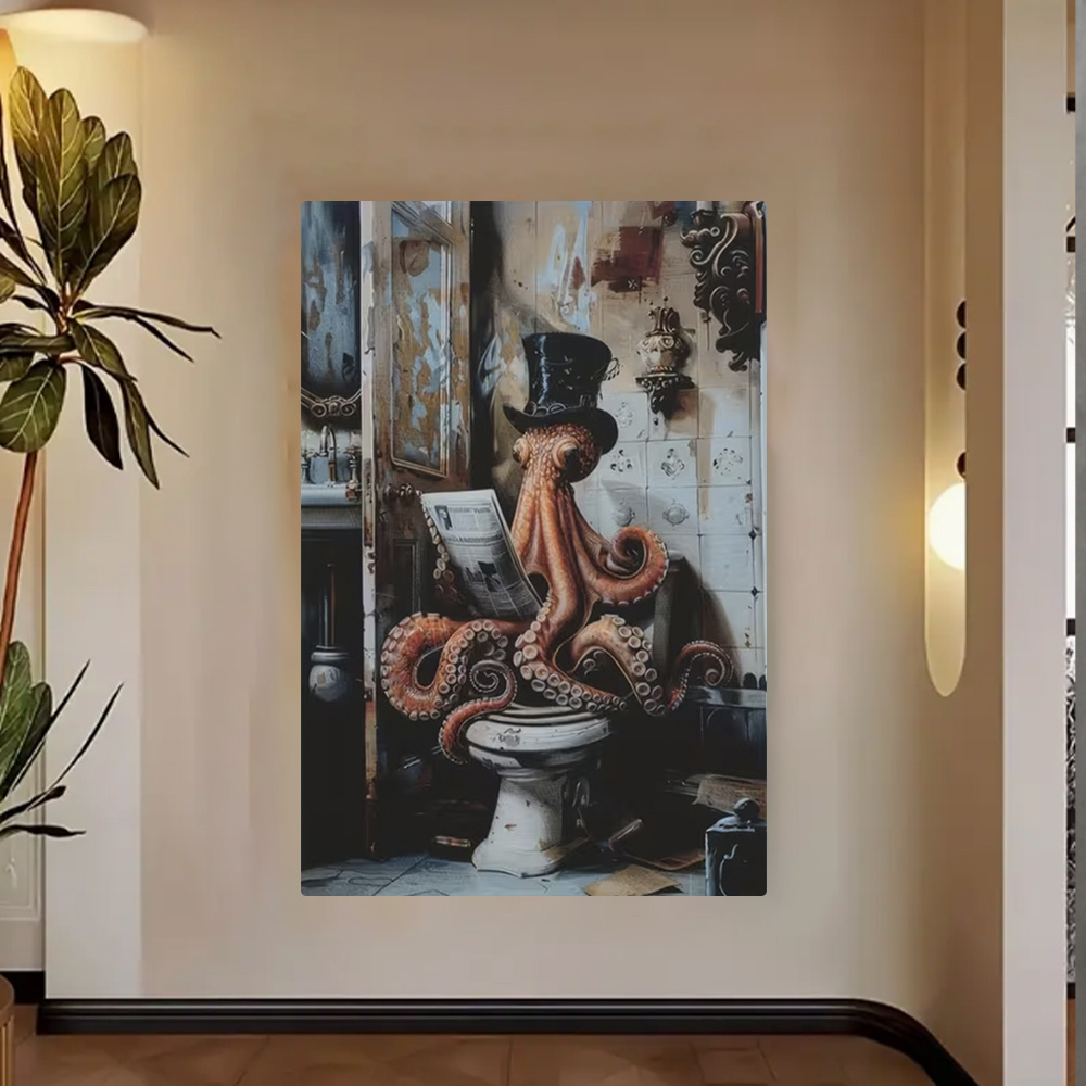 Framed 1pc Whimsical Victorian Octopus in Top Hat Sitting on Toilet, Gothic Canvas Art Print – Humorous Anthropomorphic Wall Decor for Home, Office, or Café, Octopus Bathroom Decor, 2D, Perfect for Room Decor