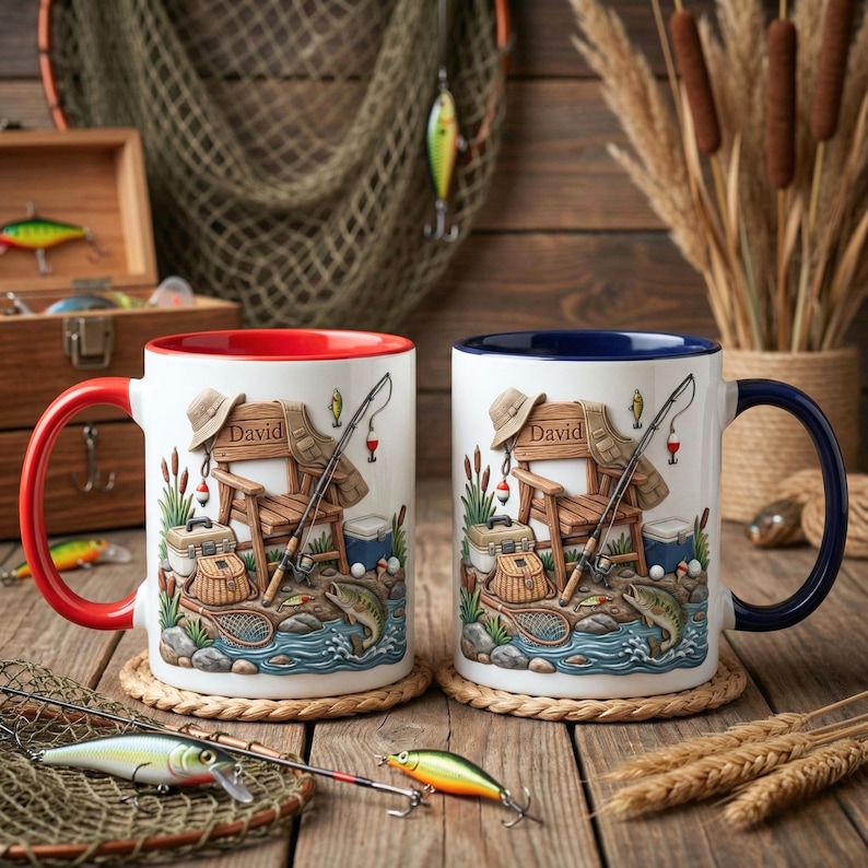 2D Flat Mug 'Personalized Fisherman Accent Mug, Fishing Lure Coffee Cup, Father’s Day Gift for Dad or Grandpa, Custom Mug Gift For Fishing Lover