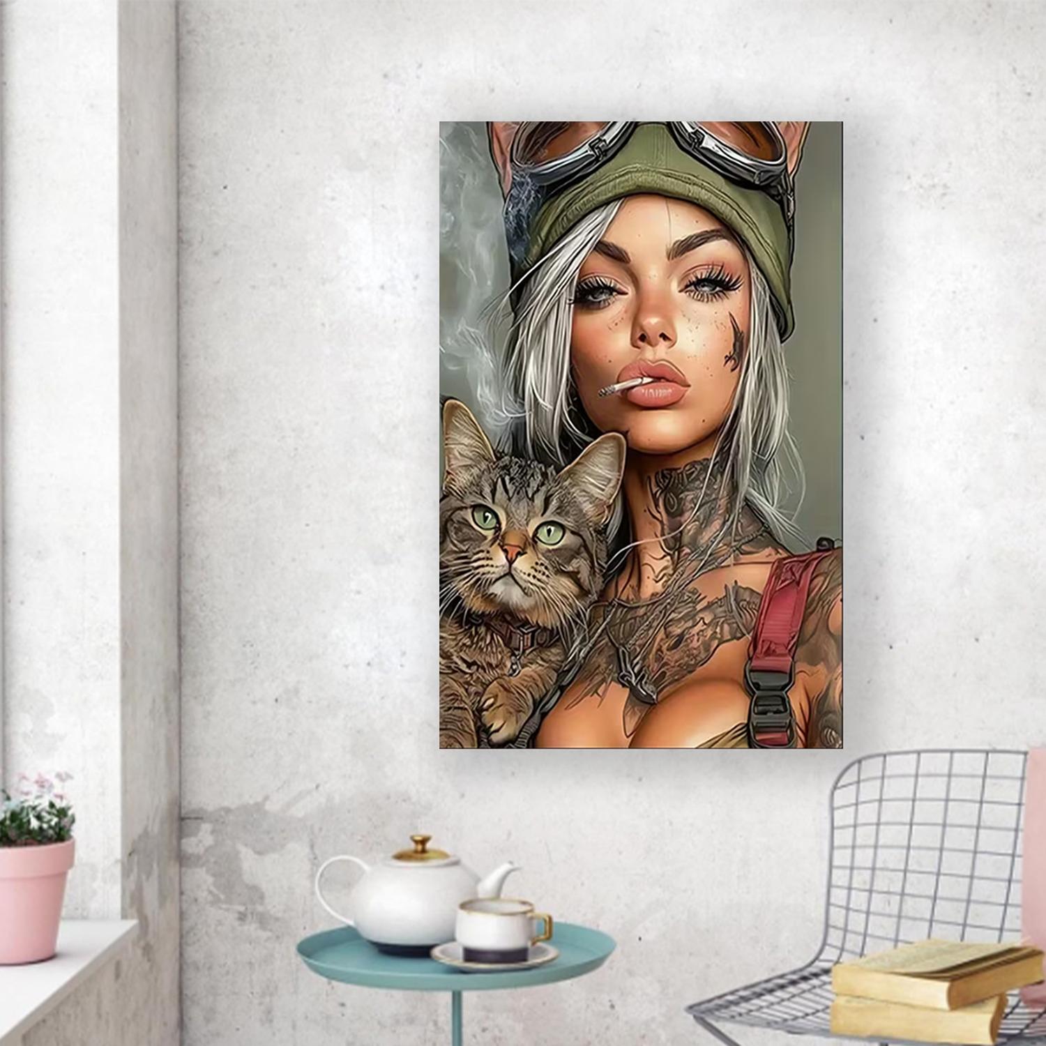 Framed 2D falt A lady with a cat tattoo - Modern urban wall decoration suitable for living rooms bedrooms offices dining rooms bars - Unique gift ideas office artworks | Tattooed lady theme | Decor posters wall art decoration