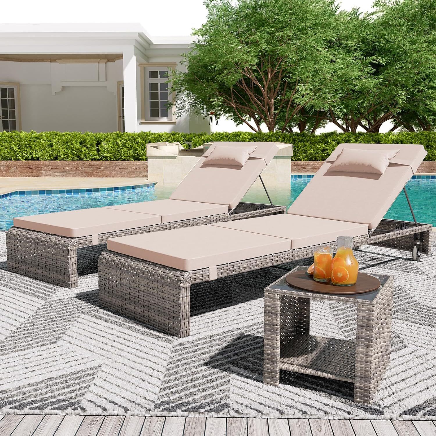 3 Pieces Chaise Lounge Set, Modern Outdoor Patio Furniture with Adjustable Backrest & Side Table, Durable PE Wicker, Weather Resistant Cushions