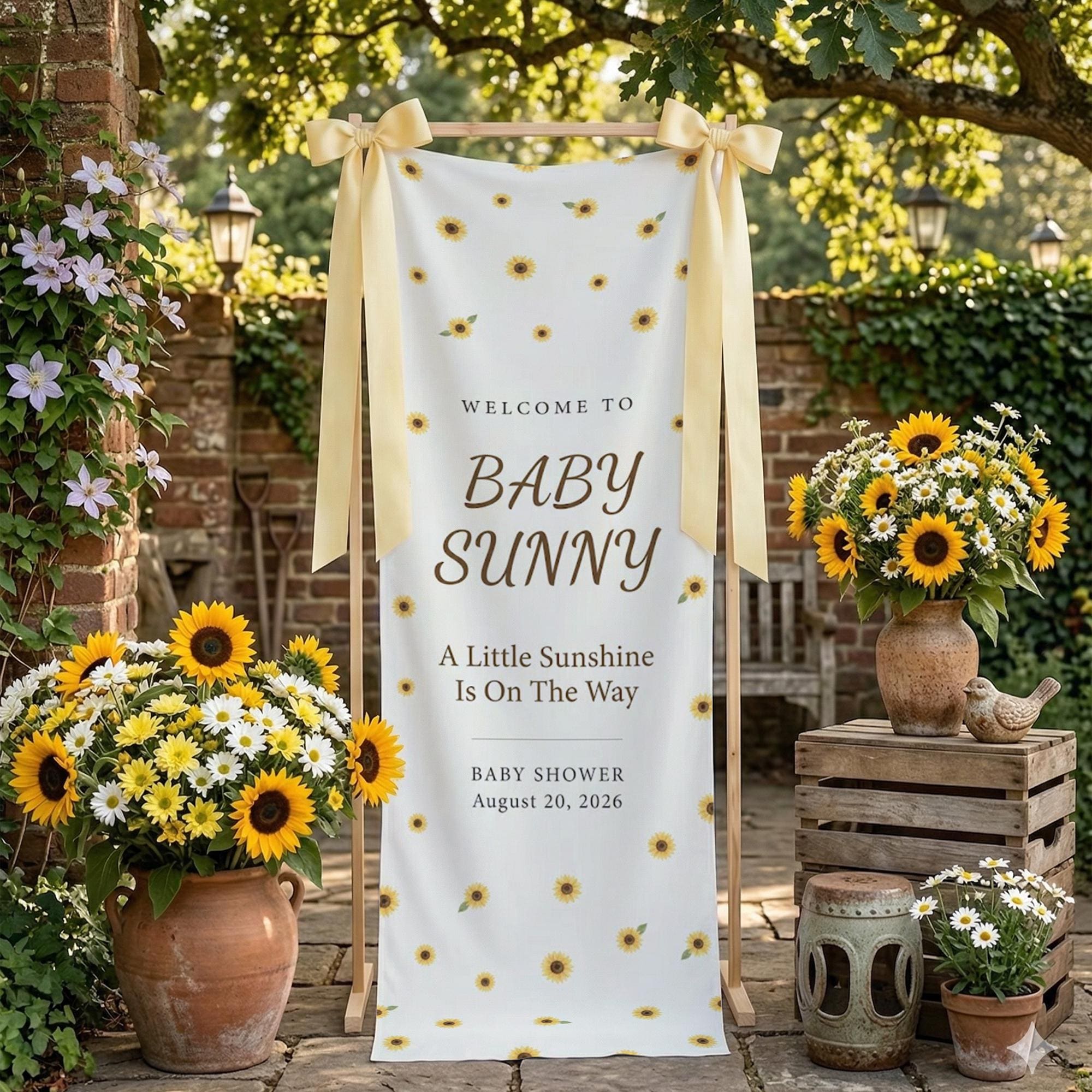 Sunflower Baby Shower Banner, Sunshine Theme Welcome Sign, Custom Name Baby Shower Decor, Yellow   Backdrop