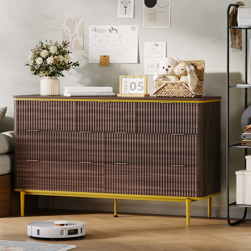 GarveeHome 7 Drawers Dresser for Bedroom, 54in Wide Fluted Chest of Drawers Dresser Wood Storage Cabinet Curved Design TV Stand with Gold Metal Handles for Bedroom Living Room, Walnut