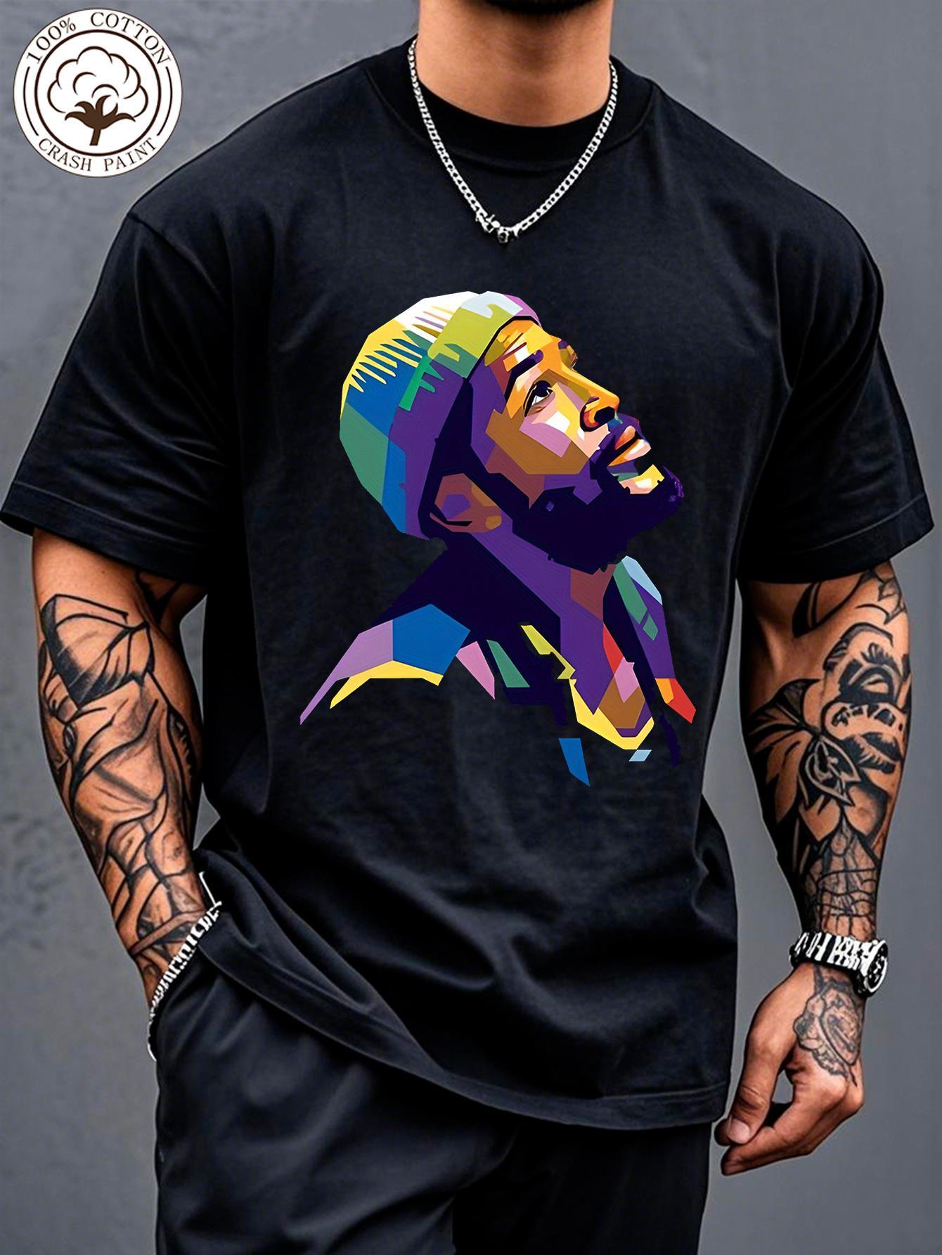 Plus Size Men's Black Graphic T-Shirt, Colorful Geometric Face Print Short Sleeve Tee, Casual Crew Neck Loose Fit Summer Top, Streetwear Style Shirt