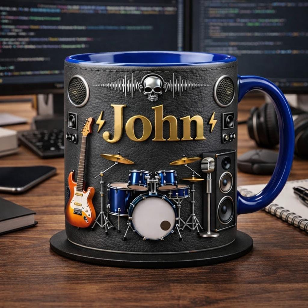 Personalized Rock Band Coffee Mug, Guitar & Drum Music Lover Gift for Him
