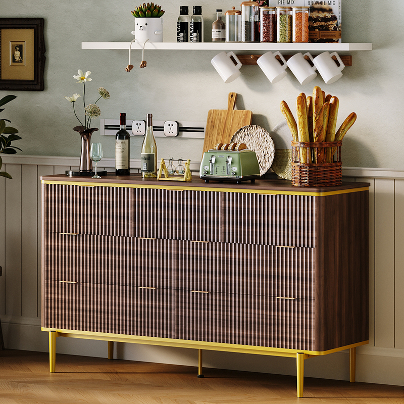 GarveeHome 7 Drawers Dresser for Bedroom, 54in Wide Fluted Chest of Drawers Dresser Wood Storage Cabinet Curved Design TV Stand with Gold Metal Handles for Bedroom Living Room, Walnut