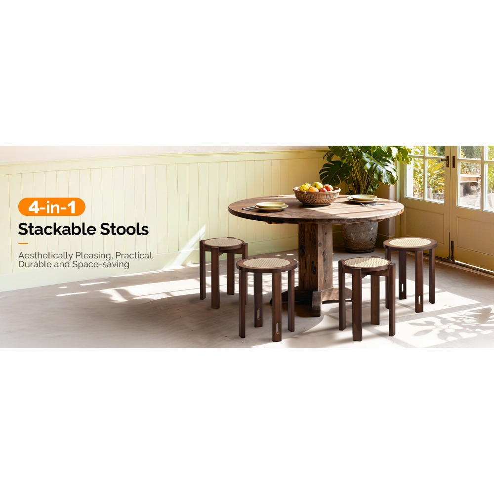 4/6 PCS Stackable Stools, Rubber Wood Stool with Rattan Woven Seat and Mobile Base, Stacking Side Stool for Dining Table, Walnut / Natural Wood