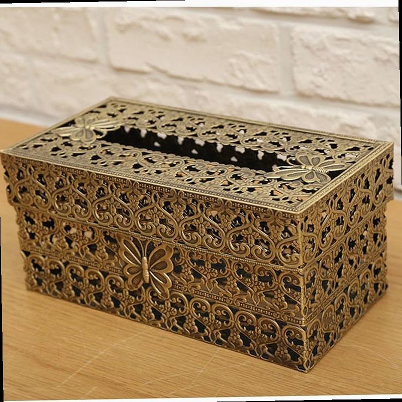   vintage rectangle tissue holder antique decorative metal tissue box cover is designed   pattern brass matt gold Product details 0