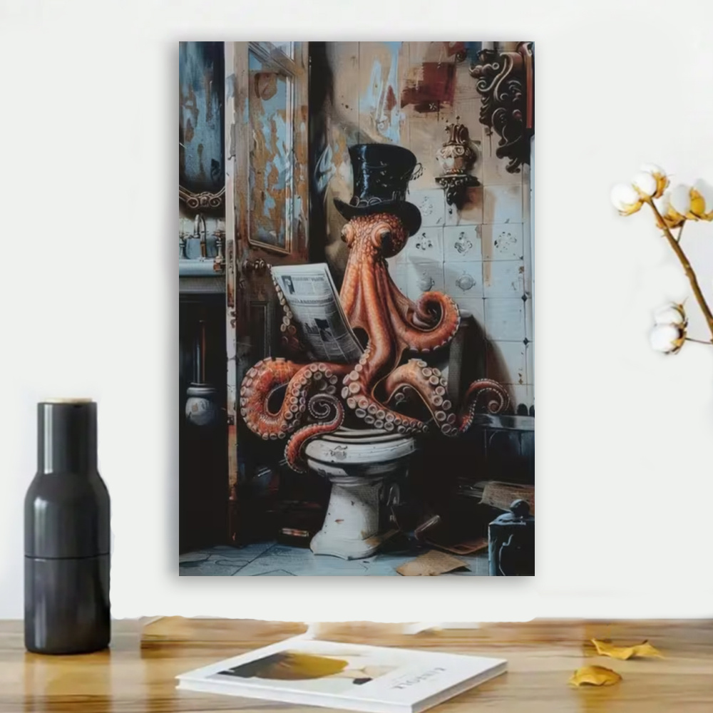 Framed 1pc Whimsical Victorian Octopus in Top Hat Sitting on Toilet, Gothic Canvas Art Print – Humorous Anthropomorphic Wall Decor for Home, Office, or Café, Octopus Bathroom Decor, 2D, Perfect for Room Decor