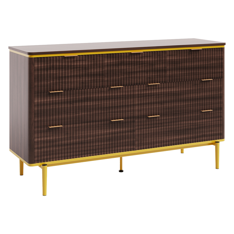 GarveeHome 7 Drawers Dresser for Bedroom, 54in Wide Fluted Chest of Drawers Dresser Wood Storage Cabinet Curved Design TV Stand with Gold Metal Handles for Bedroom Living Room, Walnut
