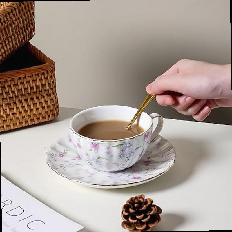   country style floral tea cup and saucer set 6 ounces cappuccino coffee cup with gold trim porcelain teacups for women and   Product details 4