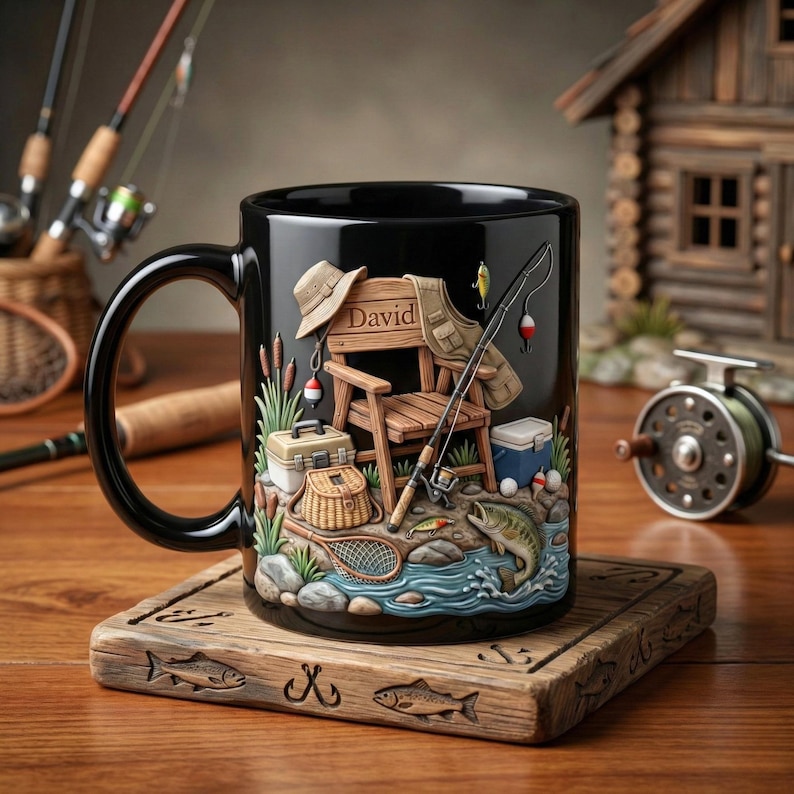 2D Flat Mug 'Personalized Fisherman Accent Mug, Fishing Lure Coffee Cup, Father’s Day Gift for Dad or Grandpa, Custom Mug Gift For Fishing Lover