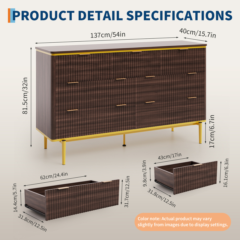 GarveeHome 7 Drawers Dresser for Bedroom, 54in Wide Fluted Chest of Drawers Dresser Wood Storage Cabinet Curved Design TV Stand with Gold Metal Handles for Bedroom Living Room, Walnut