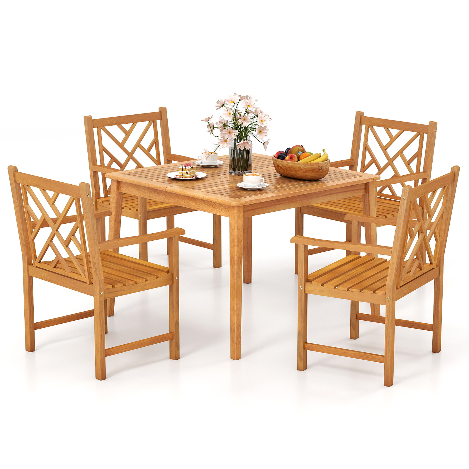 5-Pieces Patio Dining Table Set Wood Square Dining Table with 4 Chairs and Slatted Tabletop, Comfortable Outdoor Seating for Patio Garden Porch Pool Beach