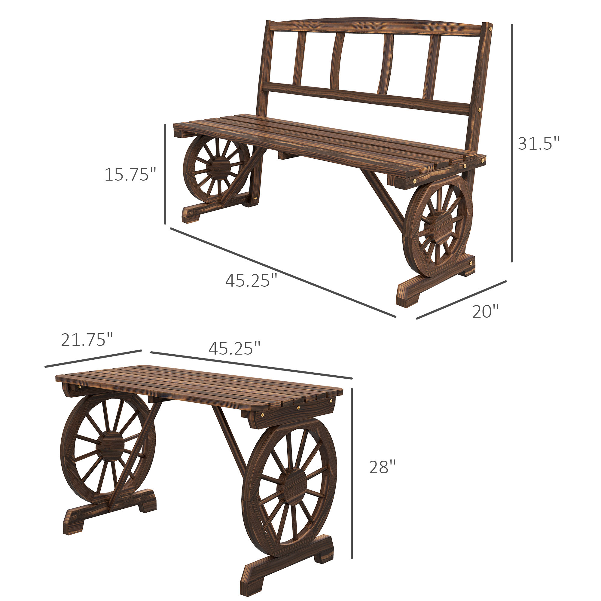 Outdoor Table and Chairs for 4 People, Wooden Patio Table and Dining Bench Set, 3 Piece All Weather Furniture Set with Wagon Wheel Design for Backyard Garden, Deck, Carbonized