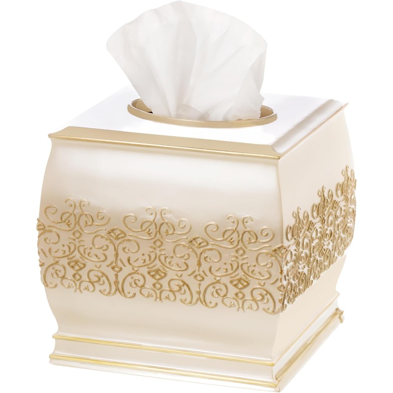   tissue box cover square decorative tissue box holder for bathroom beige and gold tissue cover with durable bottom slider Product details 0