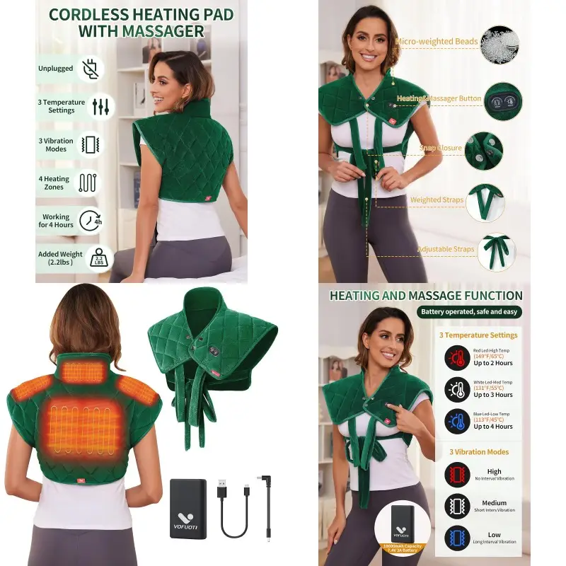 heating pad for neck and shoulders portable heating pad with massager and battery weighted electric heated neck shoulder wrap 16 x 22 2.2lbs Product details 0