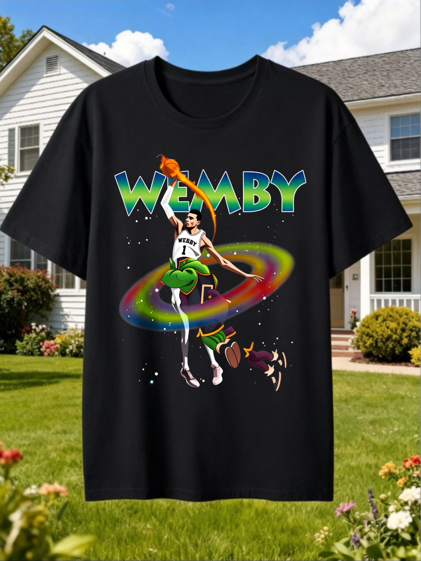   Featuring   Basketball Player With Rainbow Orbit And   Design Sporty   For Casual Wear And Outdoor Activities   Sports Fans And Basketball Enthusiasts Fun T-Shirt Outdoor Streetwear Suitable For Home And Outing Comfortable Fabric Spring   Gift Idea For Sports Lovers