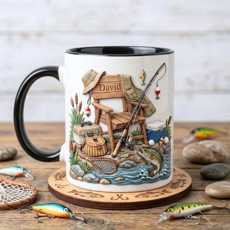 2D Flat Mug 'Personalized Fisherman Accent Mug, Fishing Lure Coffee Cup, Father’s Day Gift for Dad or Grandpa, Custom Mug Gift For Fishing Lover