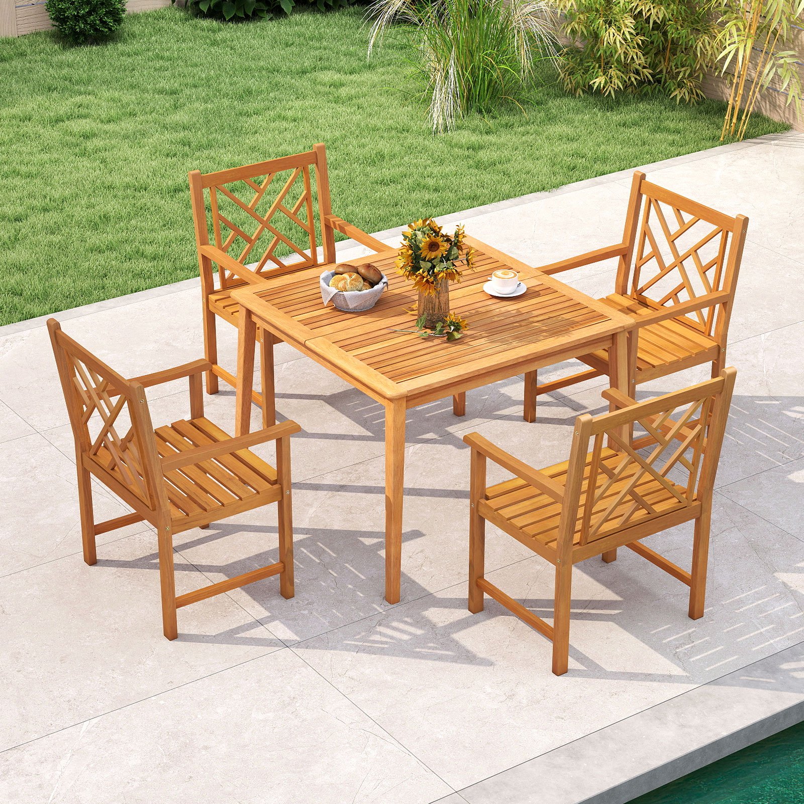 5-Pieces Patio Dining Table Set Wood Square Dining Table with 4 Chairs and Slatted Tabletop, Comfortable Outdoor Seating for Patio Garden Porch Pool Beach