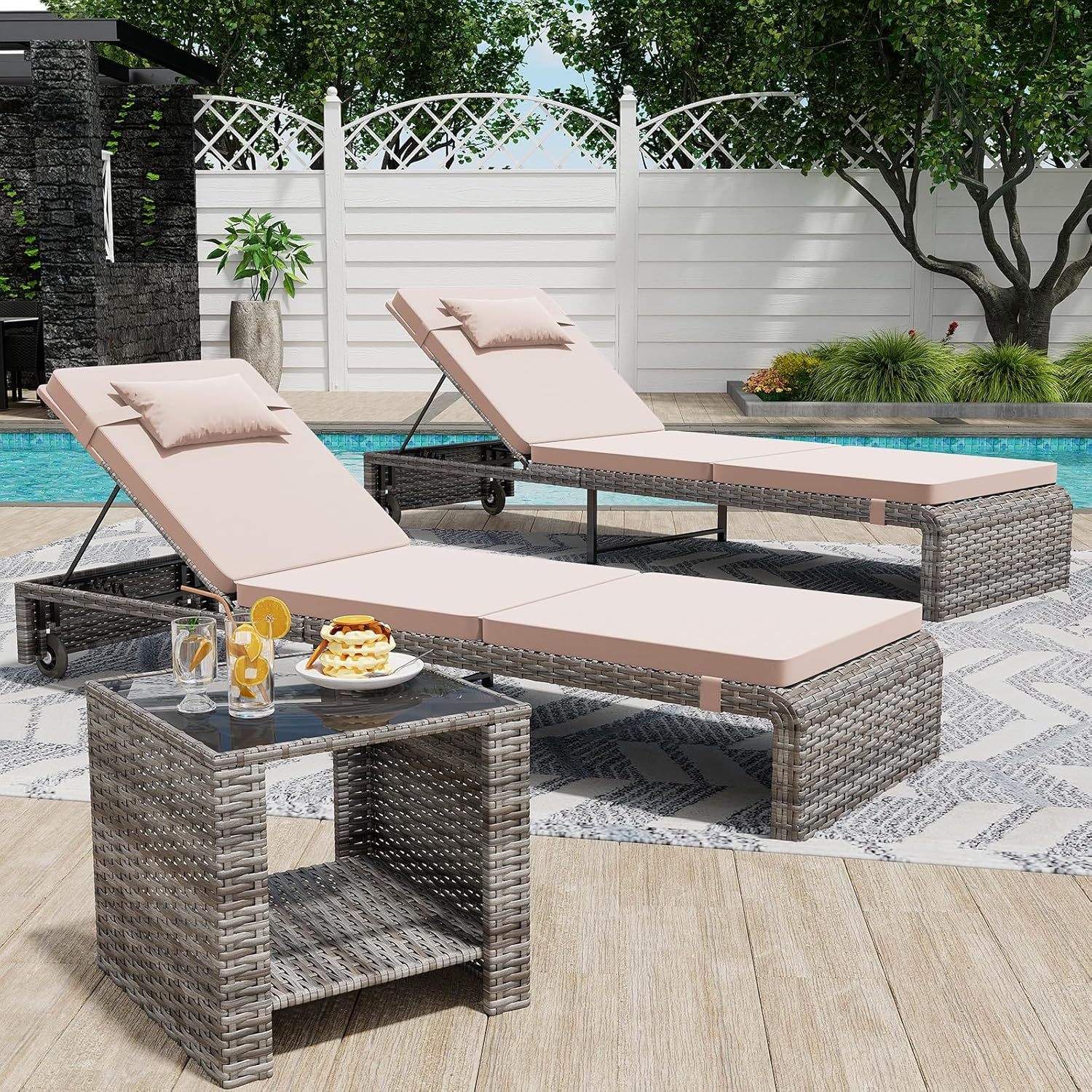 3 Pieces Chaise Lounge Set, Modern Outdoor Patio Furniture with Adjustable Backrest & Side Table, Durable PE Wicker, Weather Resistant Cushions