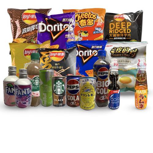 imported asian japanese chips and drinks sampler 4 unique beverages 6 unique chips rotating no duplicates