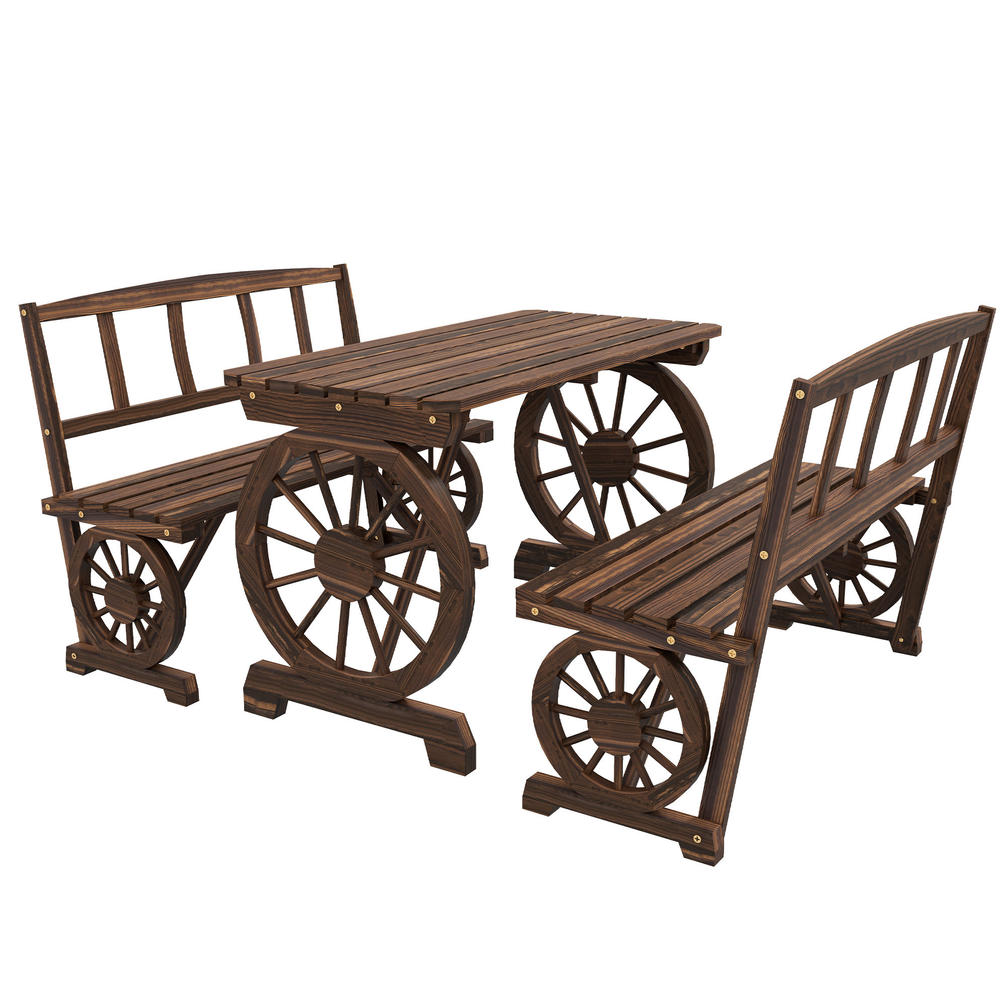 Outdoor Table and Chairs for 4 People, Wooden Patio Table and Dining Bench Set, 3 Piece All Weather Furniture Set with Wagon Wheel Design for Backyard Garden, Deck, Carbonized