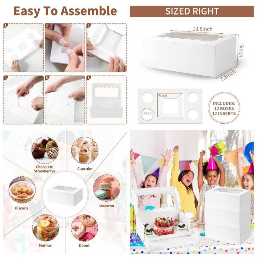 JCD 8-Pack Valentine's Day Bento Cake & Cupcake Box Combo - Clear Window, Holds 1 Cake & 5 Cupcakes