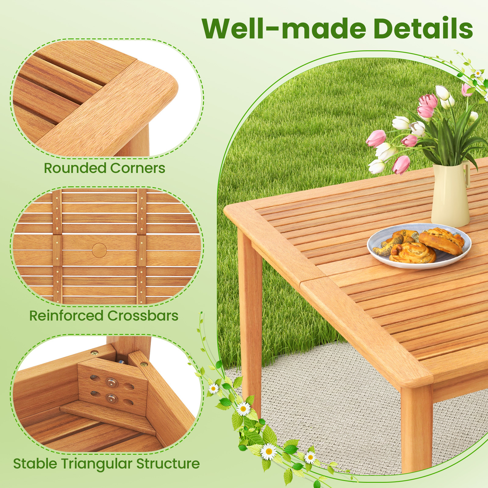 5-Pieces Patio Dining Table Set Wood Square Dining Table with 4 Chairs and Slatted Tabletop, Comfortable Outdoor Seating for Patio Garden Porch Pool Beach