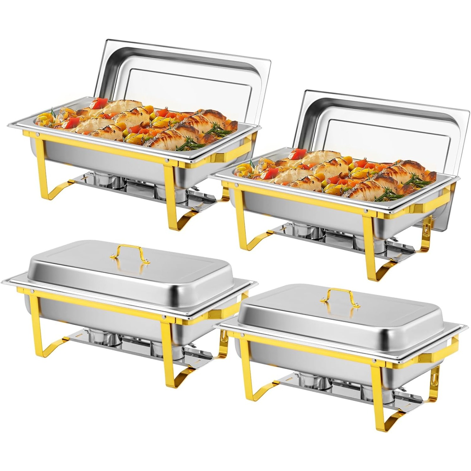 TEMU 4 Pack Gold Chafing Dishes For Buffet, 9qt Chafing Dish Buffet Set, Rectangular Stainless Steel Chafers And Buffet Warmers Sets For Parties