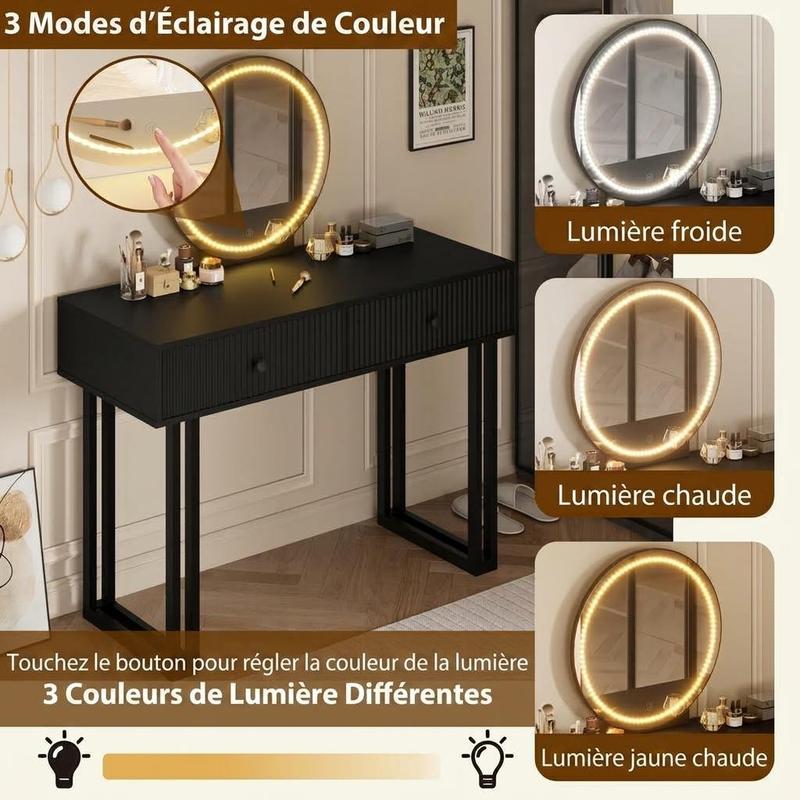 IDEALHOUSE Vanity Desk with Mirror and Lights, 49.2”H Makeup Vanity with 3 Color Lights and Adjustable Brightness, Bedroom Vanity Table with 2 Drawers, Black