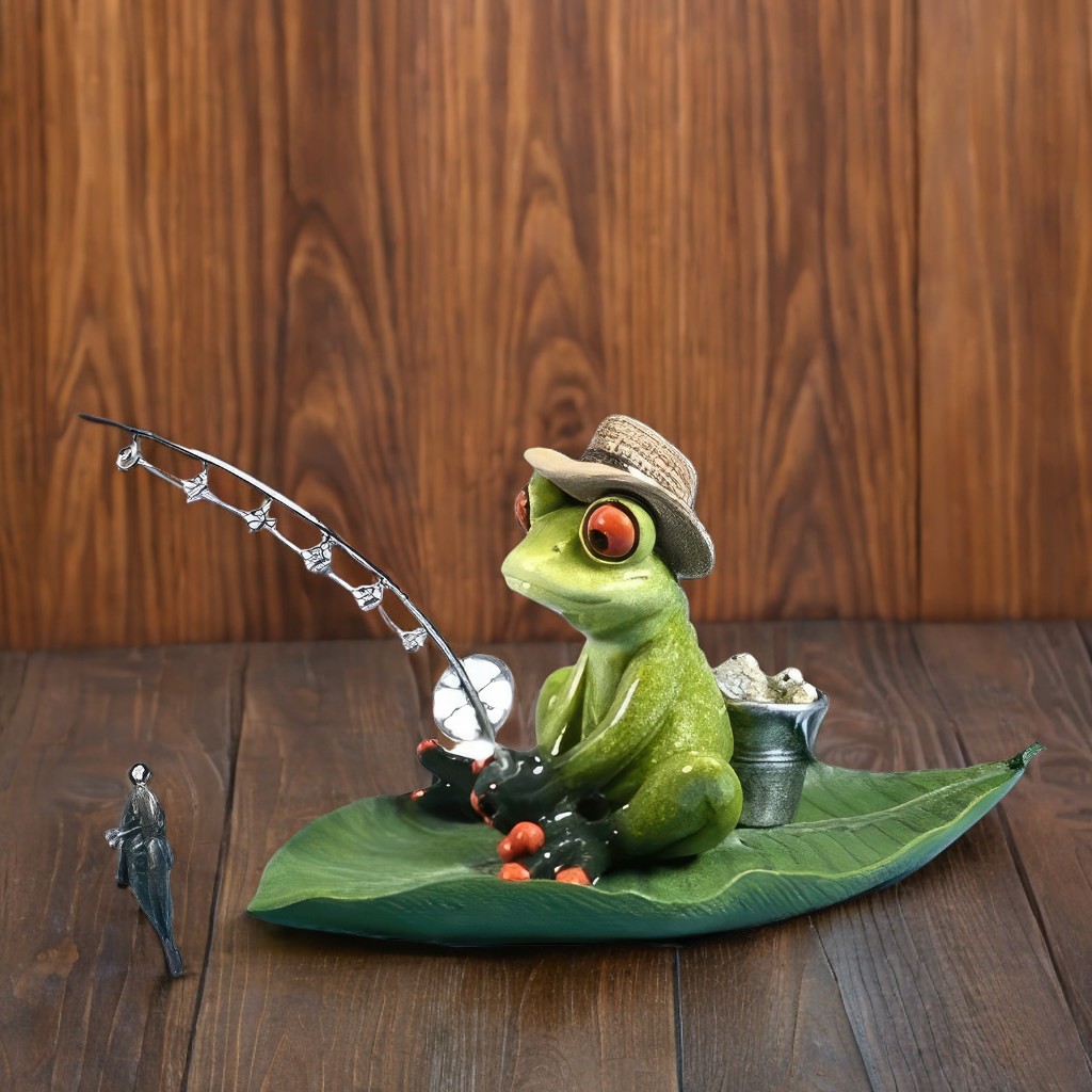 TEMU 7.5"w Frog Fishing On Lily Pad Figurine Decorative Resin Statue Sculpture For Home, Office, Or Bookshelf – A Unique Collectible And Perfect Gift