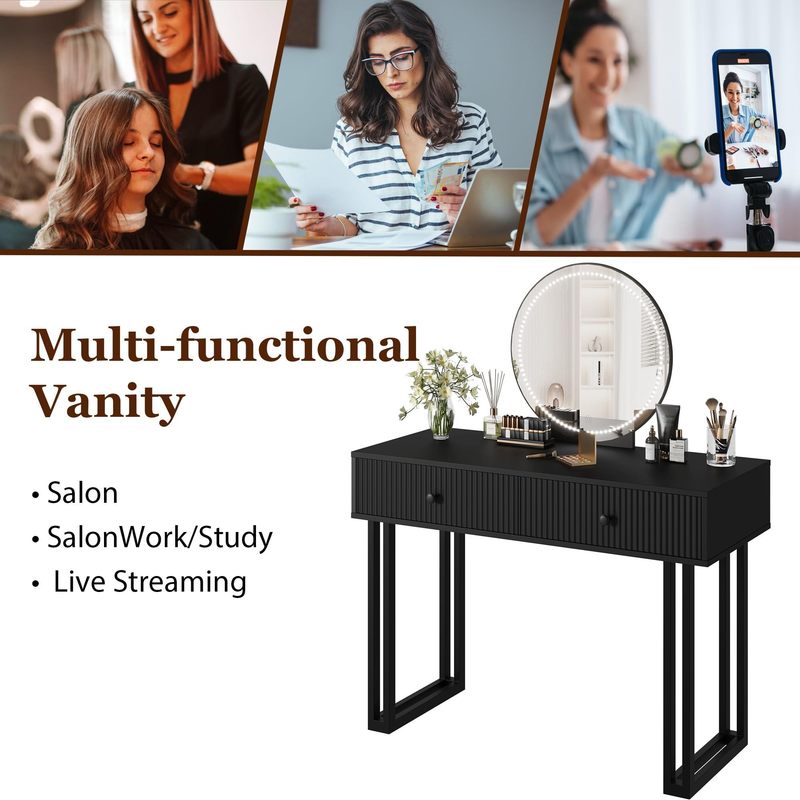 IDEALHOUSE Vanity Desk with Mirror and Lights, 49.2”H Makeup Vanity with 3 Color Lights and Adjustable Brightness, Bedroom Vanity Table with 2 Drawers, Black