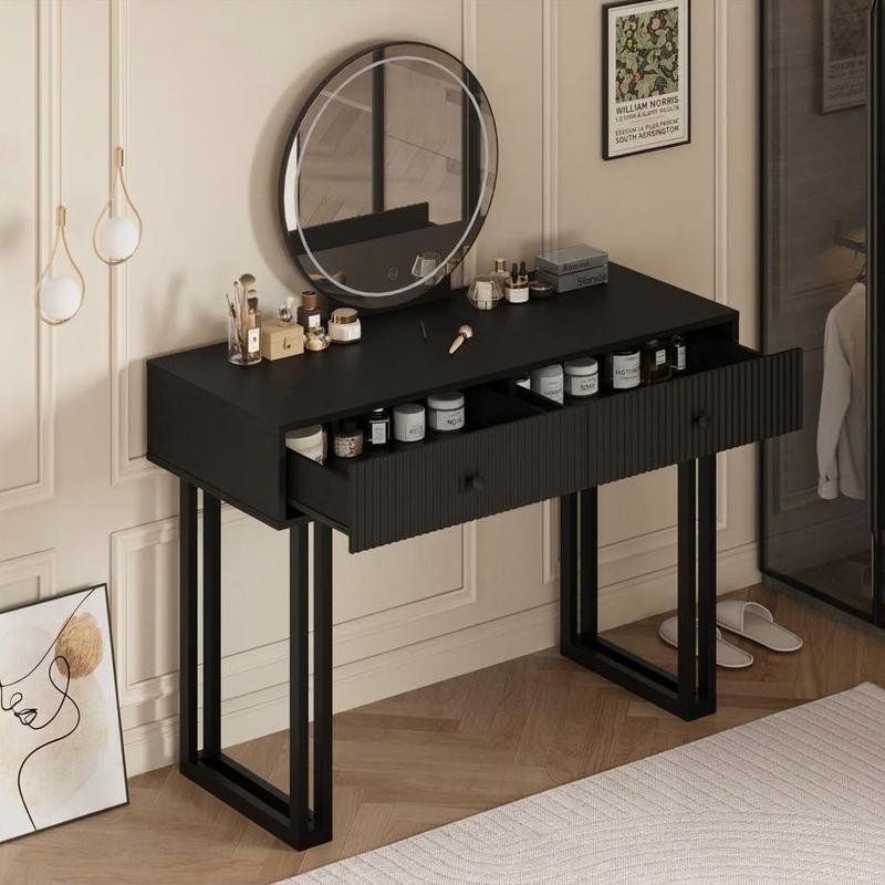 IDEALHOUSE Vanity Desk with Mirror and Lights, 49.2”H Makeup Vanity with 3 Color Lights and Adjustable Brightness, Bedroom Vanity Table with 2 Drawers, Black