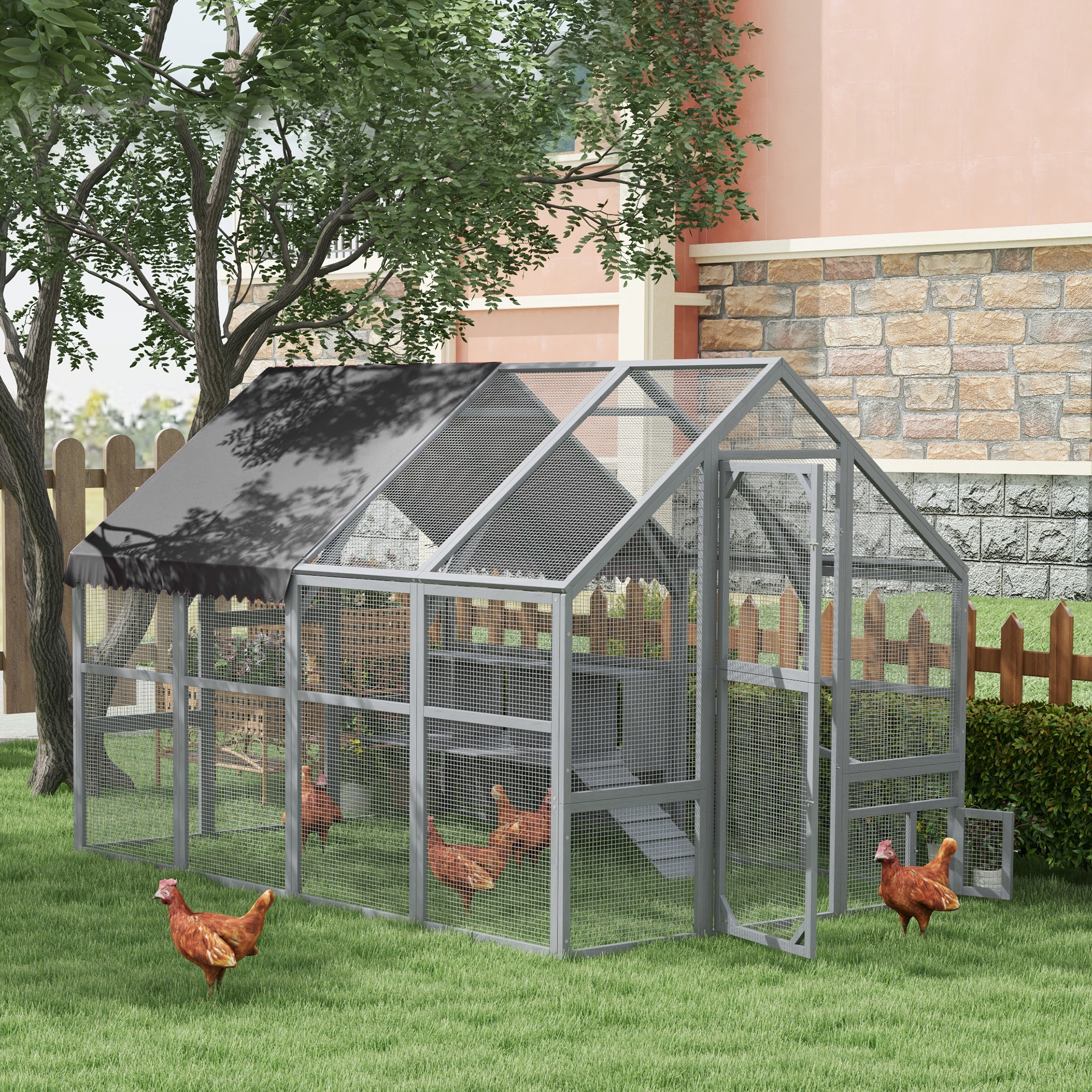 PawHut Chicken Run, 9.2&#39; x 6.1&#39; Large Chicken Coop with Nesting Box, Water-Resistant and Anti-UV Cover, Door, Wooden Chicken Pen for 8-12 Chickens, Ducks, Rabbits, Gray