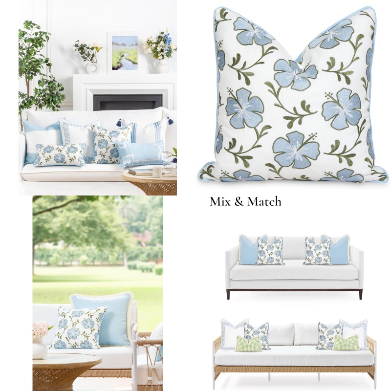 coastal patio indoor outdoor throw pillow cover only 18 x18 water repellent for backyard couch baby blue green embroidered hibiscus floral with piping Product details 0