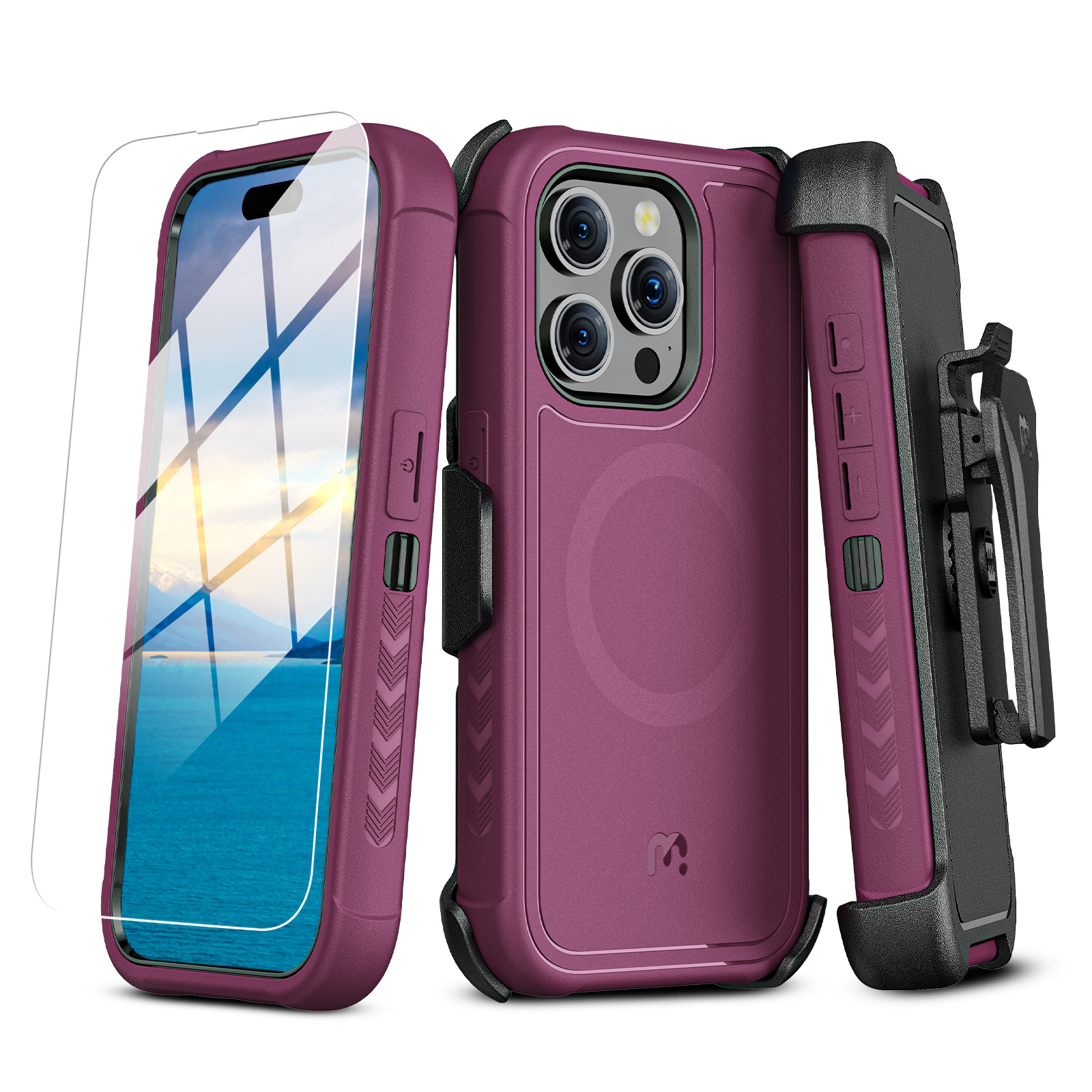 

Pro Antimicrobial Maverick Series W/ Magnetic Case With Holster And Tempered Glass For Iphone 15 Pro Max (6.7)