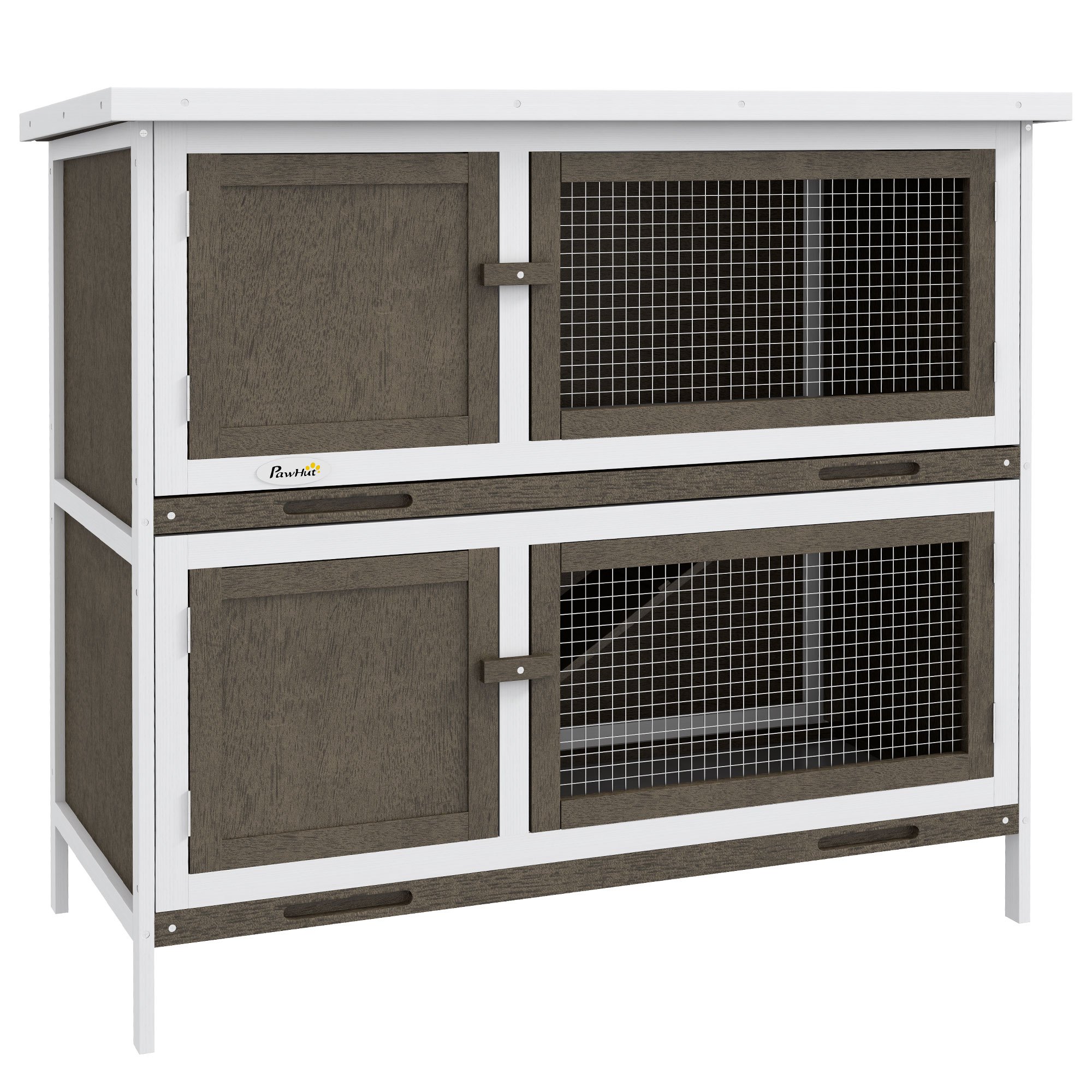 COZIWOW 36" Wood Rabbit Hutch – 2-Tier Gray Cage With Removable Tray & Roof, Indoor/Outdoor