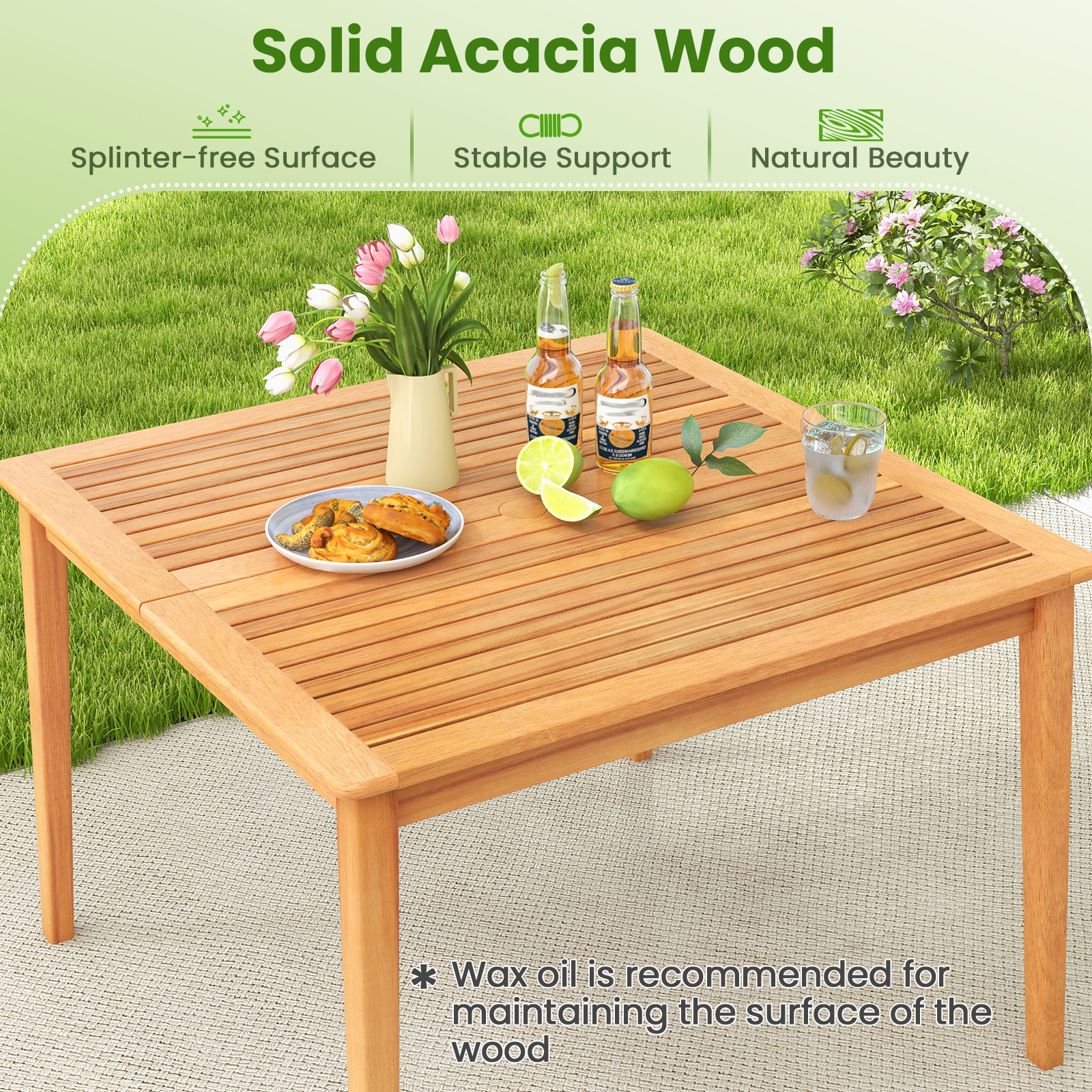 5-Pieces Patio Dining Table Set Wood Square Dining Table with 4 Chairs and Slatted Tabletop, Comfortable Outdoor Seating for Patio Garden Porch Pool Beach