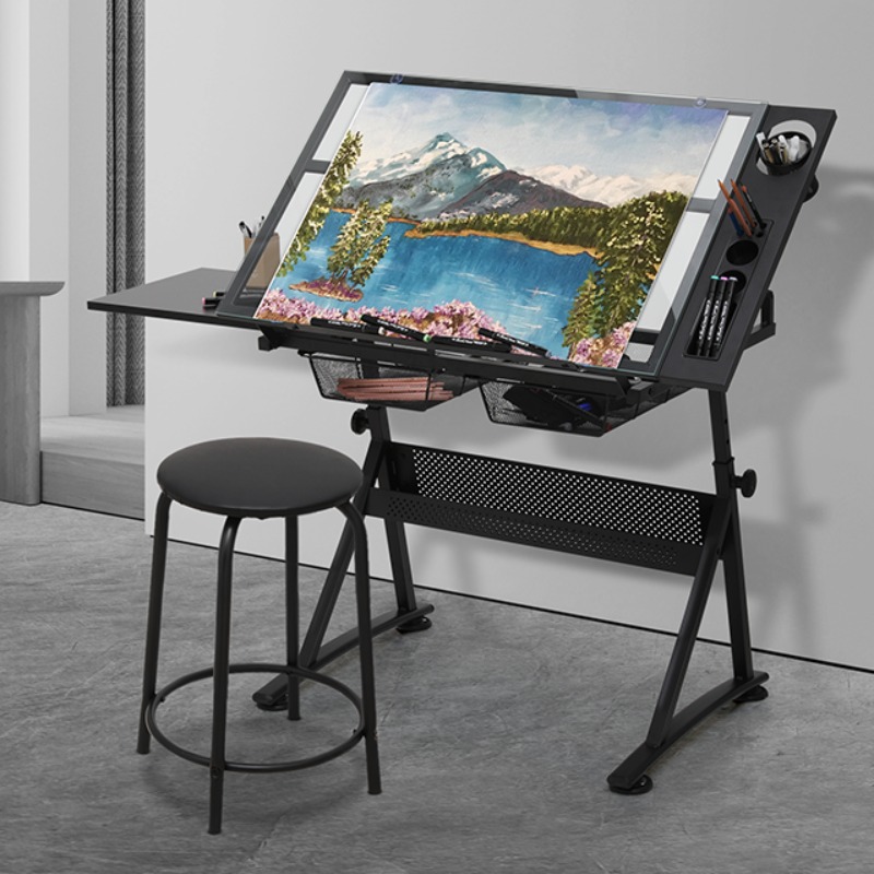 Drafting Table With Stool, Height & Angle Adjustable Glass Desk For Painters Designers Home Office, Portable Drawing Table With 2 Storage Drawers