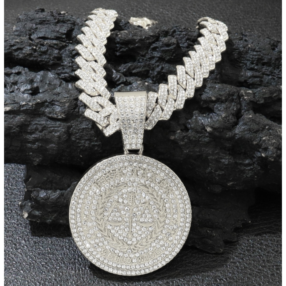 TEMU 2pcs Ice Cuban Chain Miami Necklace With Disc Balance Pendant - Shining Character Pendant - Men's And Women's Hip Hop Jewelry Gift