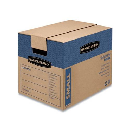 bankers box prime moving storage boxes moving storage boxes hinged lid regular s d container small 12 x 16 x 12 brown blue 10 carton