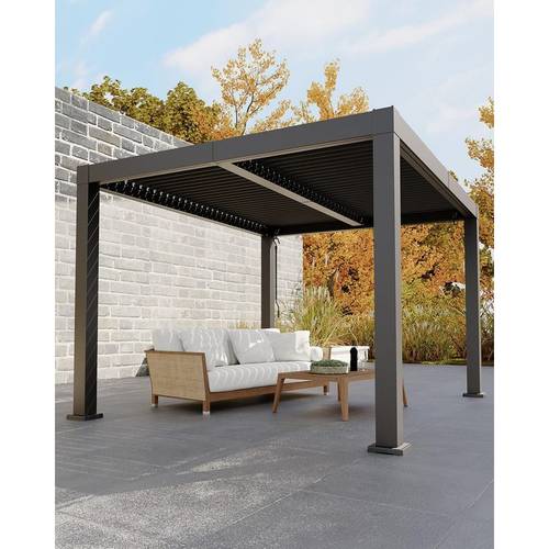 12x10 ft gray all aluminum pergola with adjustable louvered roof reinforced durable frame integrated drainage system ideal hard top gazebo for patio and deck